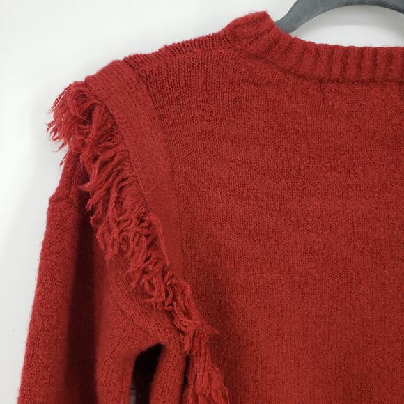 Anthropologie Mazie Fringe Pullover Sweater XS Long Sleeve Cropped Boho Rust Red - Picture 10 of 12